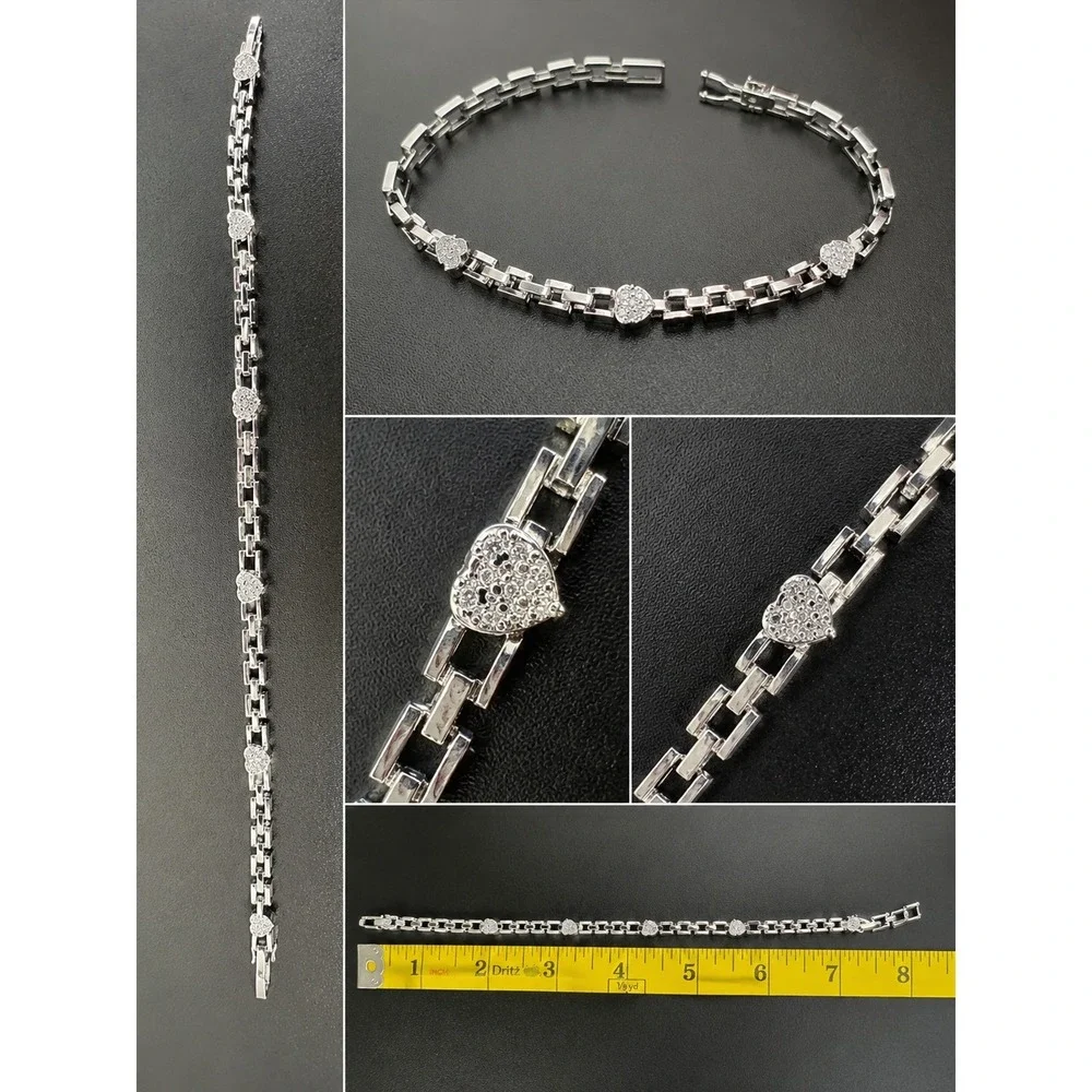 CM Silver Tone Pave CZ Heart Link Bracelet 7.5" Box Clasp Fashion Jewelry - Picture 2 of 6